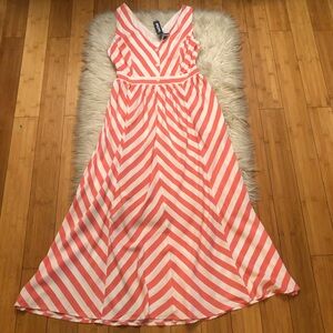 Modcloth Striped Chevron Flowy Half Button Sleeveless Coral White Midi Dress S